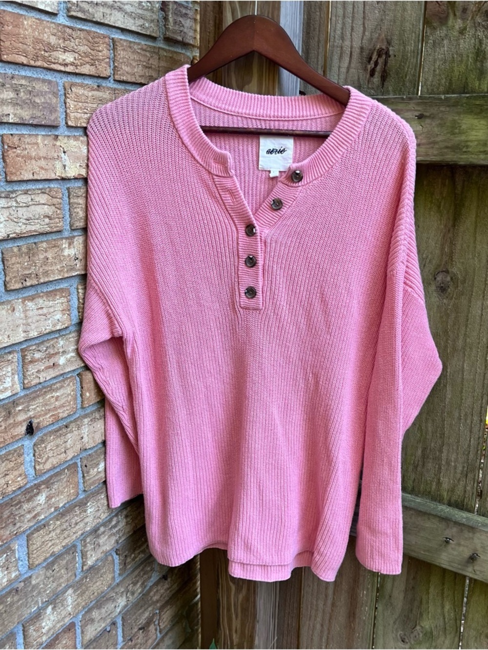 aerie Pink Knit Button Oversized Sweater